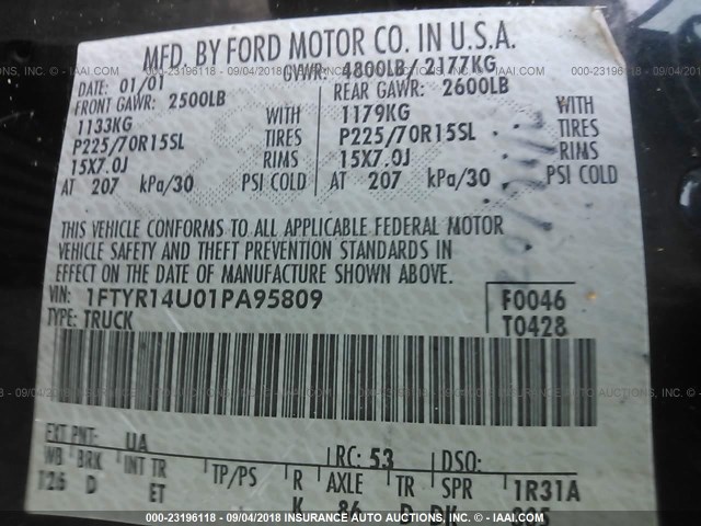 1FTYR14U01PA95809 - 2001 FORD RANGER SUPER CAB BLACK photo 9