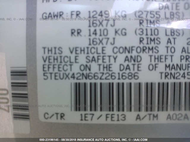 5TEUX42N66Z261686 - 2006 TOYOTA TACOMA ACCESS CAB Күміс фото 9