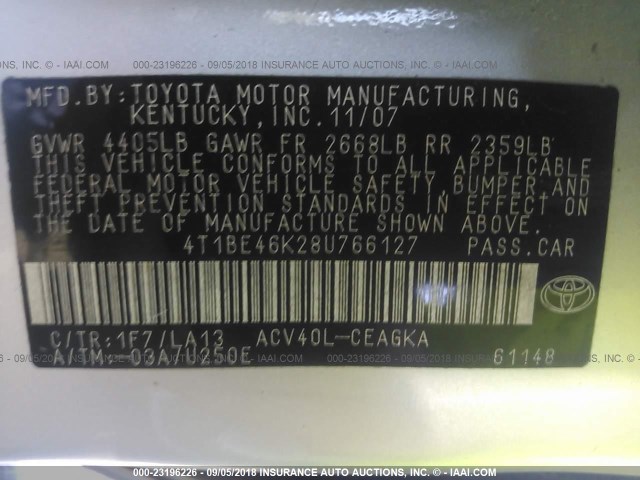4T1BE46K28U766127 - 2008 TOYOTA CAMRY CE/LE/XLE/SE SILVER photo 9