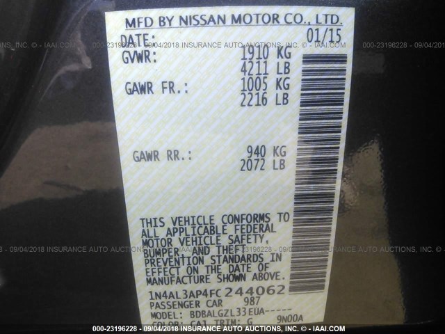 1N4AL3AP4FC244062 - 2015 NISSAN ALTIMA 2.5/S/SV/SL BROWN photo 9