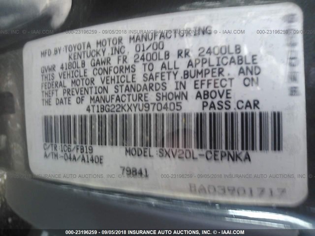 4T1BG22KXYU970405 - 2000 TOYOTA CAMRY CE/LE/XLE 灰色 照片 9