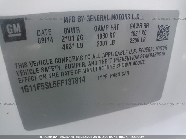 1G11F5SL5FF137814 - 2015 CHEVROLET MALIBU LTZ 白色 照片 9