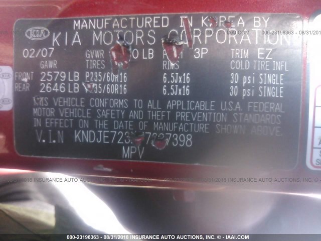 KNDJE723X77397398 - 2007 KIA SPORTAGE EX/LX RED photo 9