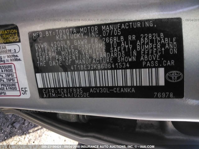 4T1BE32K86U641534 - 2006 TOYOTA CAMRY LE/XLE/SE Күміс фото 9