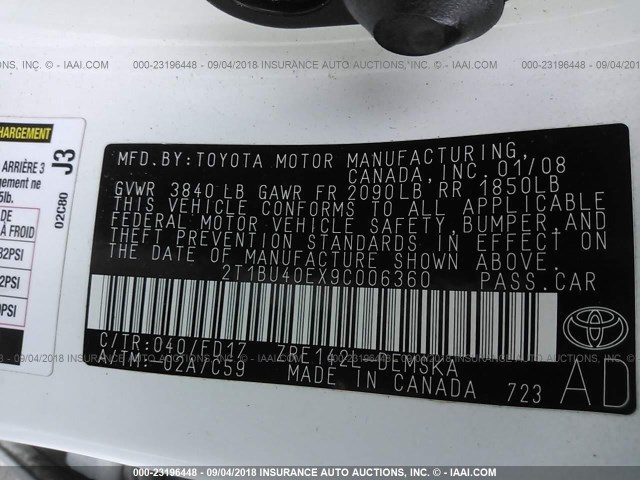 2T1BU40EX9C006360 - 2009 TOYOTA COROLLA S/LE/XLE WHITE photo 9