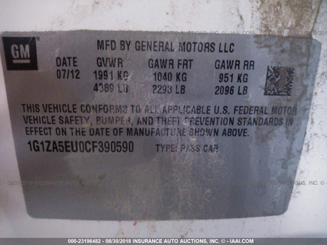 1G1ZA5EU0CF390590 - 2012 CHEVROLET MALIBU LS 白色 照片 9