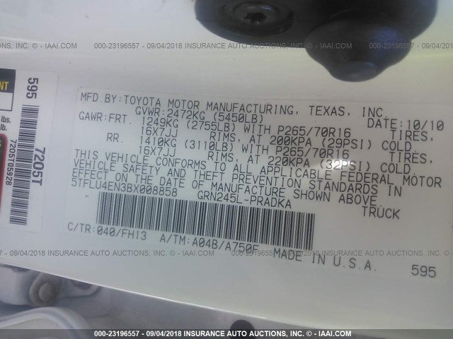 5TFLU4EN3BX008858 - 2011 TOYOTA TACOMA DOUBLE CAB თეთრი ფოტო 9