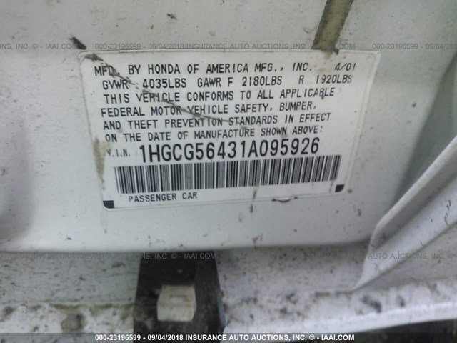 1HGCG56431A095926 - 2001 HONDA ACCORD LX WHITE photo 9