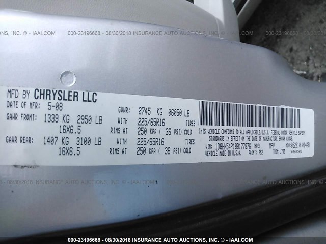 1D8HN54P18B177876 - 2008 DODGE GRAND CARAVAN SXT SILVER photo 9