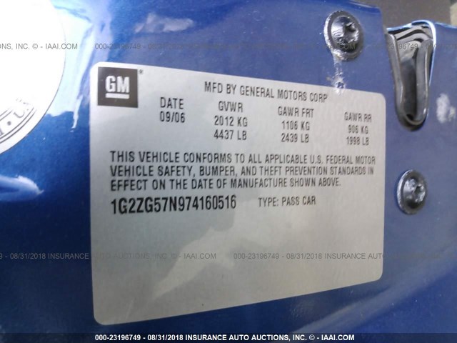 1G2ZG57N974160516 - 2007 PONTIAC G6 SE BLUE photo 9