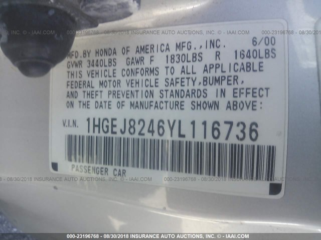 1HGEJ8246YL116736 - 2000 HONDA CIVIC EX SILVER photo 9