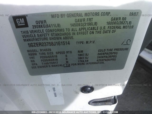 5GZER23758J161514 - 2008 SATURN OUTLOOK XR თეთრი ფოტო 9