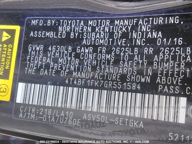 4T4BF1FK7GR551584 - 2016 TOYOTA CAMRY LE/XLE/SE/XSE 黑色 照片 9