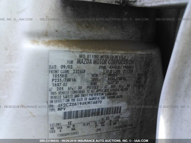 4F2CZ06194KM16870 - 2004 MAZDA TRIBUTE ES 白色 照片 9