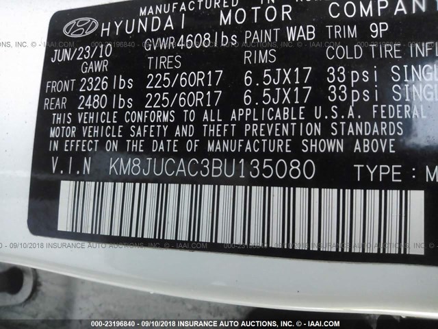 KM8JUCAC3BU135080 - 2011 HYUNDAI TUCSON WHITE photo 9