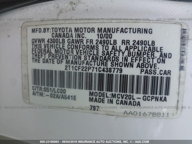2T1CF22P71C438779 - 2001 TOYOTA CAMRY SOLARA SE/SLE თეთრი ფოტო 9