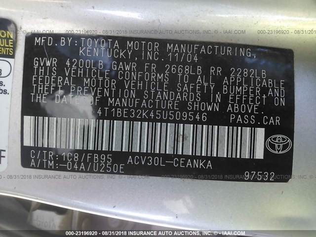 4T1BE32K45U509546 - 2005 TOYOTA CAMRY LE/XLE/SE Күміс фото 9