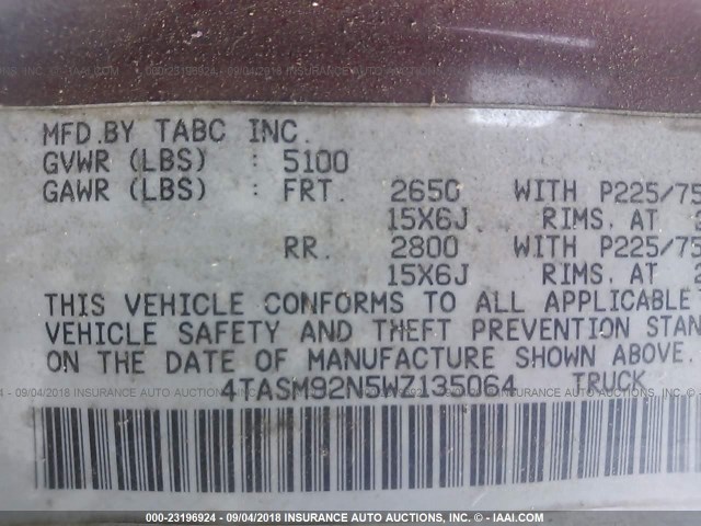 4TASM92N5WZ135064 - 1998 TOYOTA TACOMA XTRACAB PRERUNNER მუქწითელი ფოტო 9