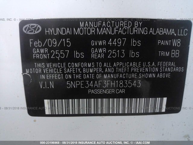 5NPE34AF3FH183543 - 2015 HYUNDAI SONATA SPORT/LIMITED WHITE photo 9