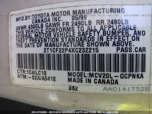 2T1CF22P4XC232215 - 1999 TOYOTA CAMRY SOLARA SE/SLE ვერცხლისფერი ფოტო 9