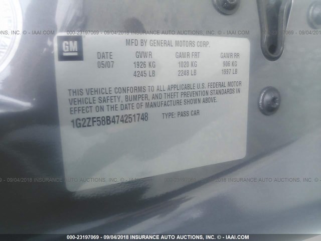 1G2ZF58B474251748 - 2007 PONTIAC G6 VALUE LEADER/BASE SILVER photo 9