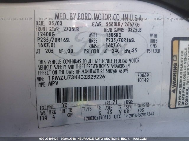 1FMZU73K43ZB29226 - 2003 FORD EXPLORER XLT/XLT SPORT/NBX 白色 照片 9