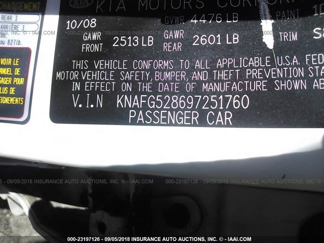 KNAFG528697251760 - 2009 KIA RONDO LX/EX WHITE photo 9