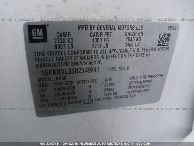 1GKKNXLS5HZ149841 - 2017 GMC ACADIA DENALI WHITE photo 9