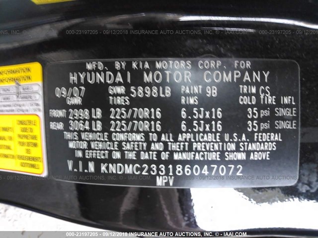 KNDMC233186047072 - 2008 HYUNDAI ENTOURAGE GLS/SE/LIMITED BLACK photo 9