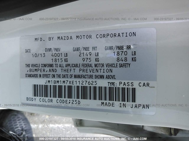 JM1BM1M7XE1127625 - 2014 MAZDA 3 GRAND TOURING WHITE photo 9