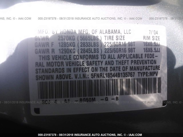 5FNRL18544B135767 - 2004 HONDA ODYSSEY LX Light Blue photo 9