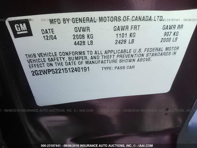 2G2WP522151240191 - 2005 PONTIAC GRAND PRIX წითელი ფოტო 9