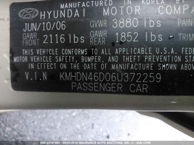 KMHDN46D06U372259 - 2006 HYUNDAI ELANTRA GLS/GT/LIMITED GOLD photo 9