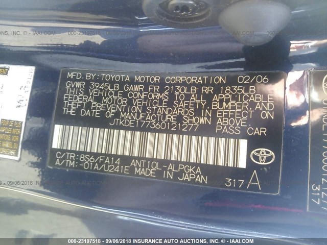 JTKDE177360121277 - 2006 TOYOTA SCION TC BLUE photo 9