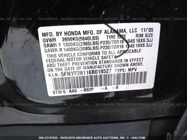 5FNYF28116B018527 - 2006 HONDA PILOT LX BLACK photo 9