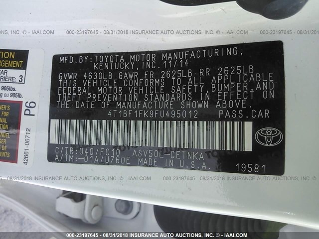 4T1BF1FK9FU495012 - 2015 TOYOTA CAMRY LE/XLE/SE/XSE 白色 照片 9