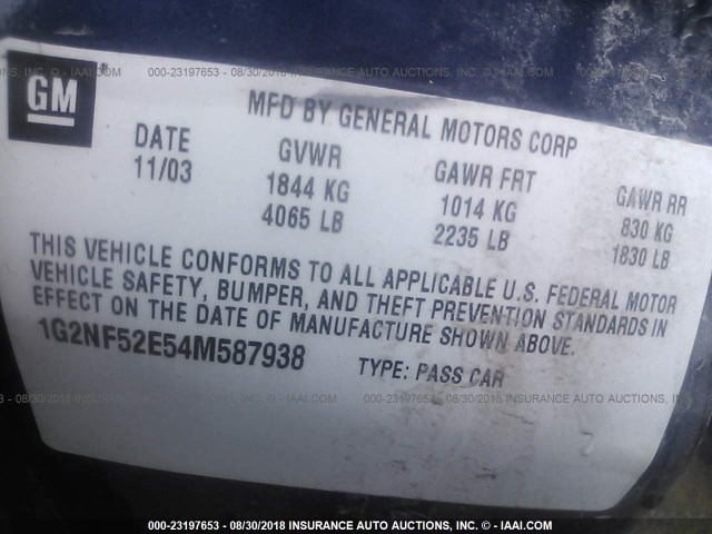 1G2NF52E54M587938 - 2004 PONTIAC GRAND AM SE1 BLUE photo 9