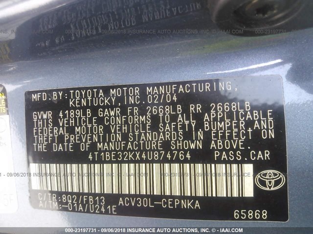 4T1BE32KX4U874764 - 2004 TOYOTA CAMRY LE/XLE/SE 蓝色 照片 9