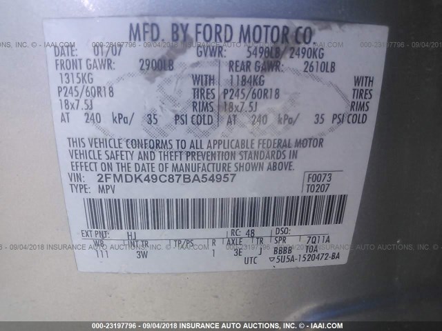 2FMDK49C87BA54957 - 2007 FORD EDGE SEL PLUS SILVER photo 9