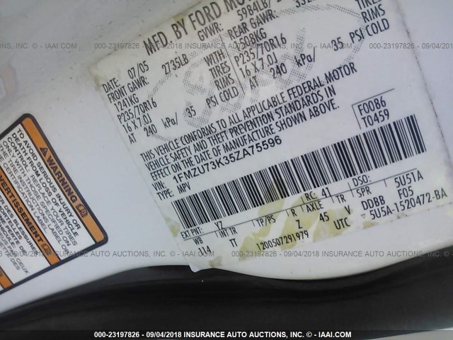 1FMZU73K35ZA75596 - 2005 FORD EXPLORER XLT/XLT SPORT/NBX 白色 照片 9