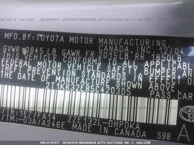 2T1KR32E85C420305 - 2005 TOYOTA COROLLA MATRIX XR GRAY photo 9