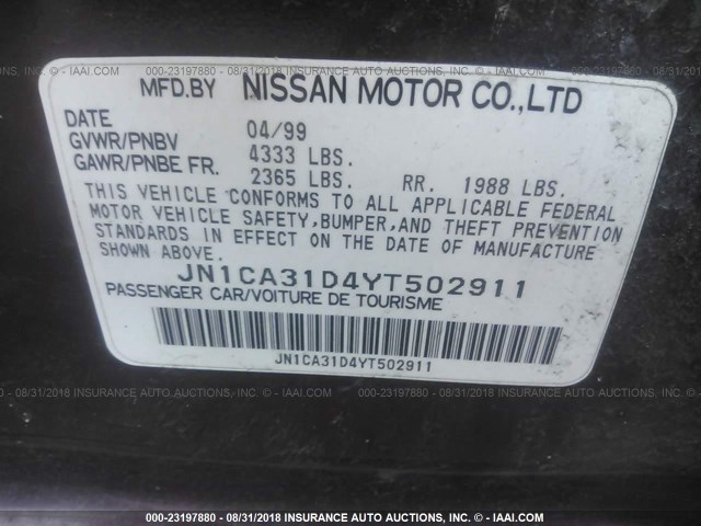 JN1CA31D4YT502911 - 2000 NISSAN MAXIMA GLE/GXE/SE BURGUNDY photo 9