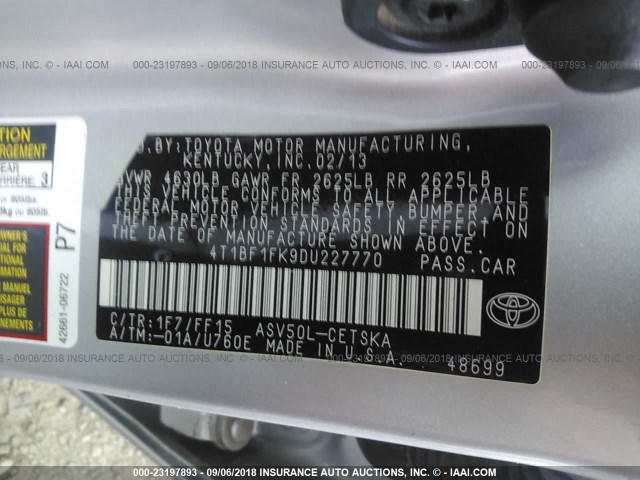 4T1BF1FK9DU227770 - 2013 TOYOTA CAMRY L/SE/LE/XLE Gümüş foto 9