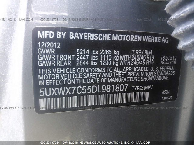 5UXWX7C55DL981807 - 2013 BMW X3 XDRIVE35I GRAY photo 9