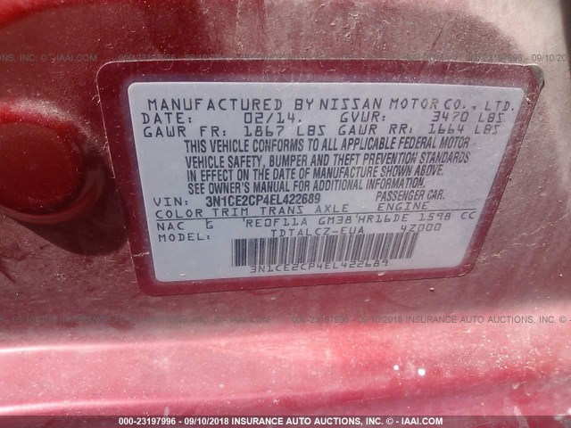 3N1CE2CP4EL422689 - 2014 NISSAN VERSA NOTE S/S PLUS/SV/SL RED photo 9