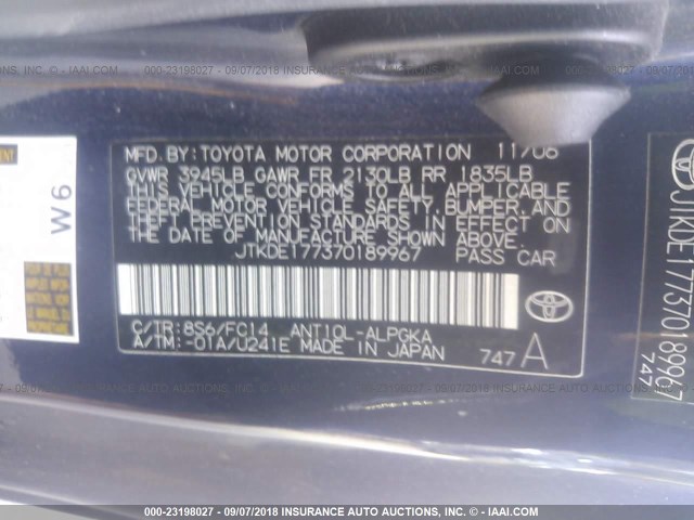 JTKDE177370189967 - 2007 TOYOTA SCION TC 深蓝色 照片 9