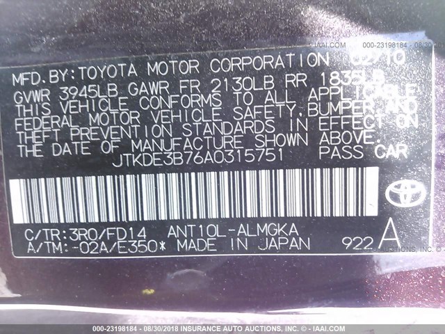 JTKDE3B76A0315751 - 2010 TOYOTA SCION TC 紫色 照片 9