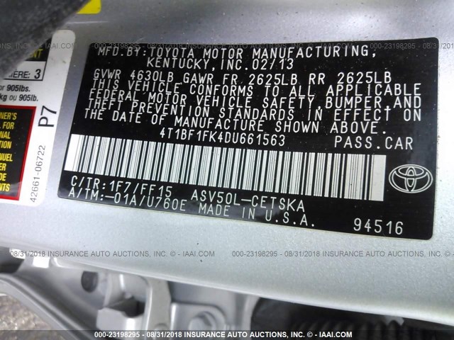 4T1BF1FK4DU661563 - 2013 TOYOTA CAMRY L/SE/LE/XLE Gümüş foto 9