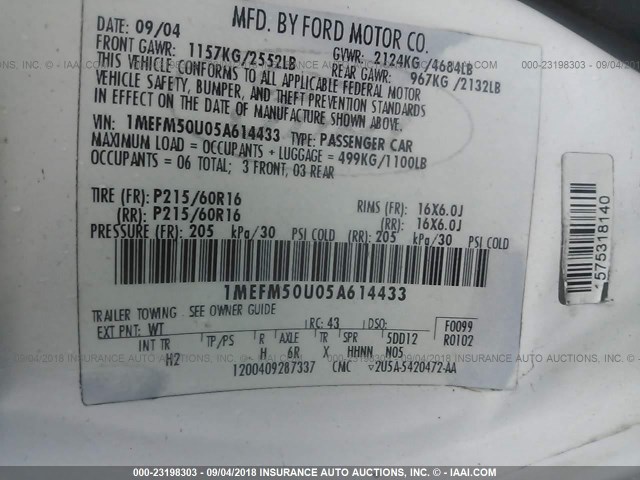 1MEFM50U05A614433 - 2005 MERCURY SABLE GS WHITE photo 9