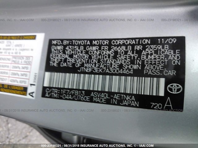 JTNBF3EK7A3004464 - 2010 TOYOTA CAMRY SE/LE/XLE 银色 照片 9